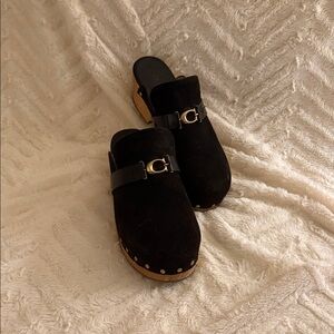 Coach Black Suede Mules with Gold Accents